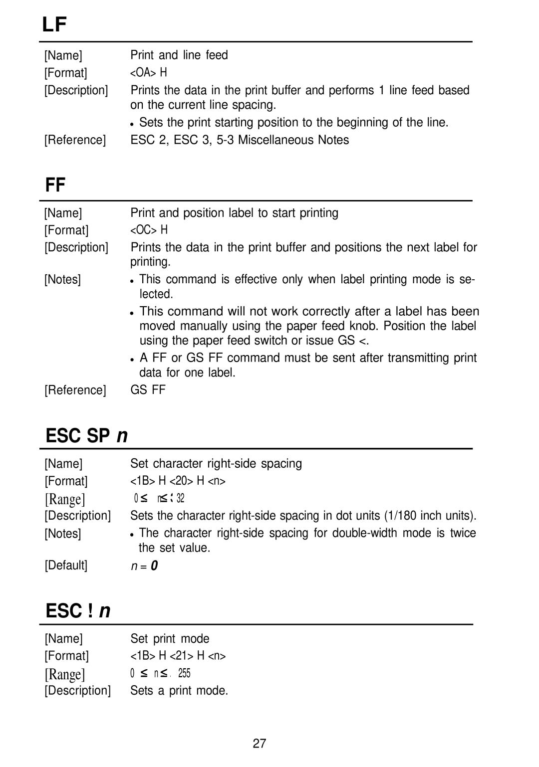 Seiko Group TM-L60 manual ESC SP n, ESC ! n 