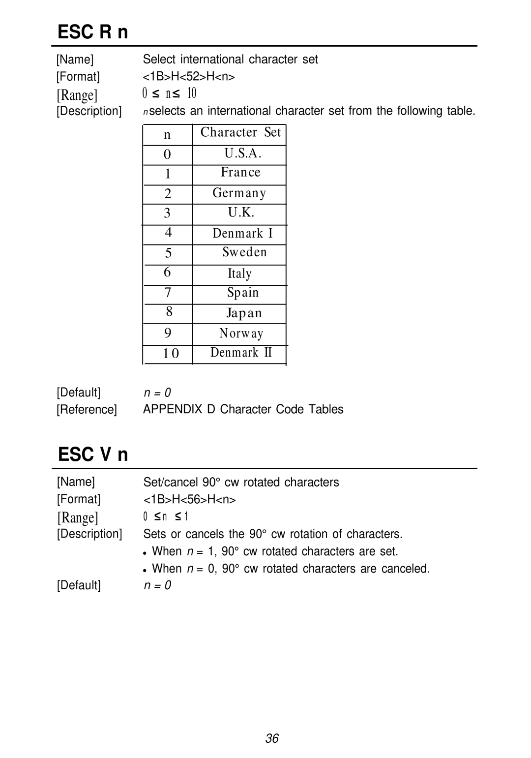 Seiko Group TM-L60 manual ESC R n, ESC V n 