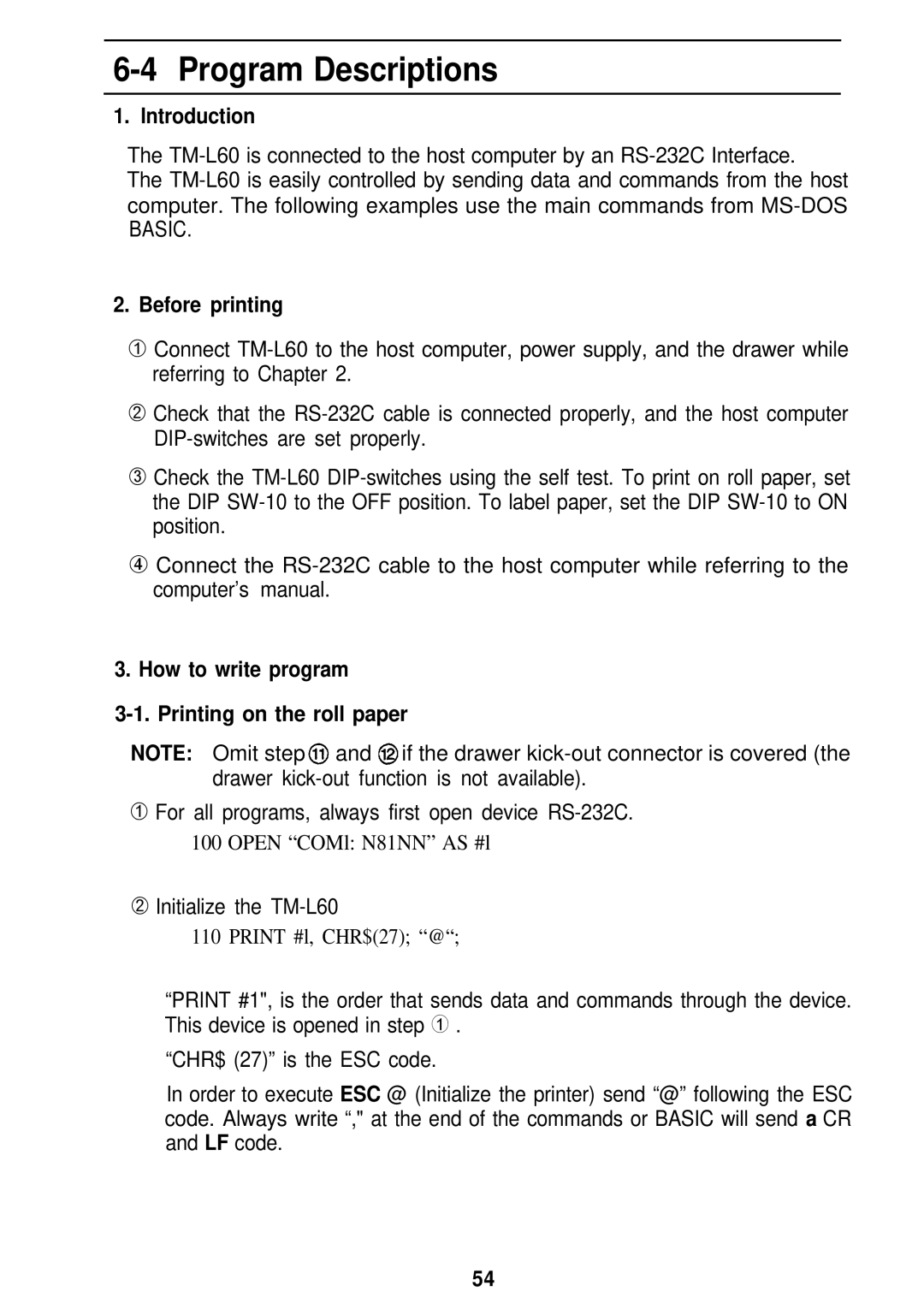 Seiko Group TM-L60 Program Descriptions, Introduction, Before printing, How to write program Printing on the roll paper 