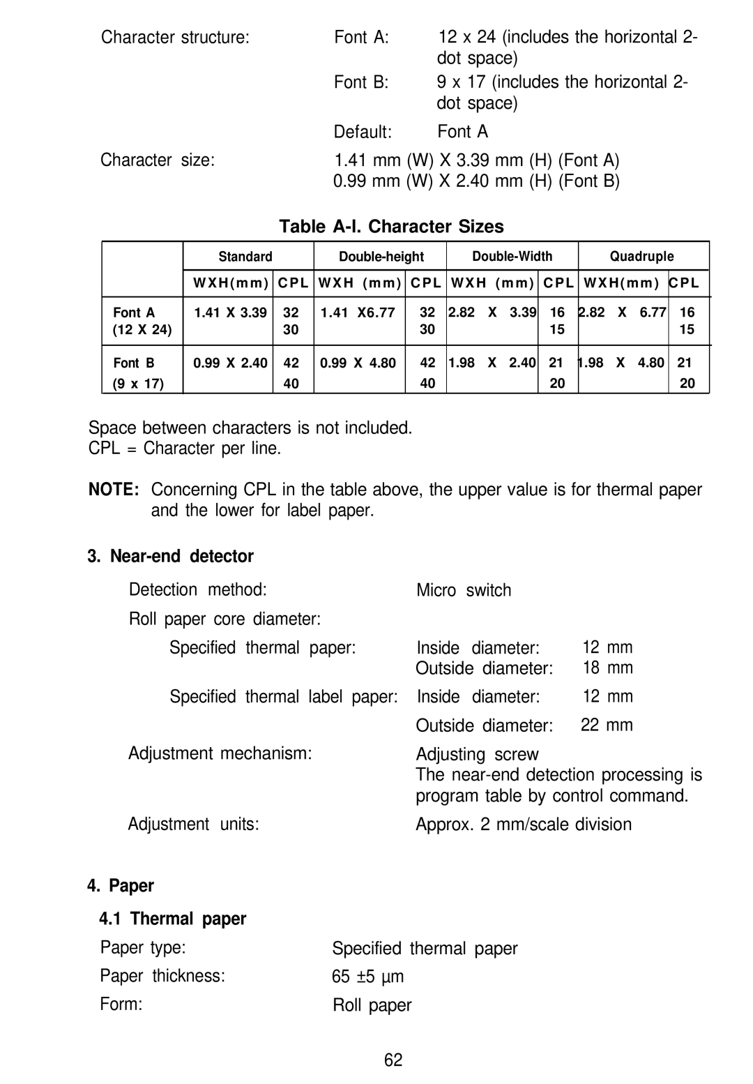 Seiko Group TM-L60 manual Near-end detector, Paper Thermal paper 