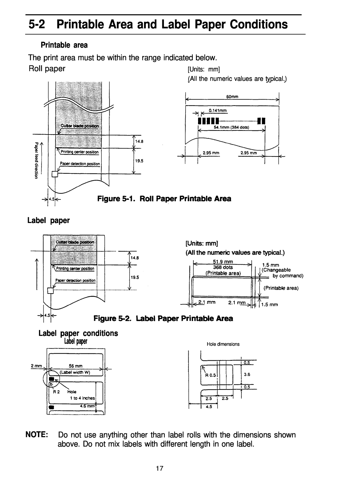 Seiko Group TM-L60 manual Printable Area and Label Paper Conditions, n Printable area, Label paper, Hole dimensions 