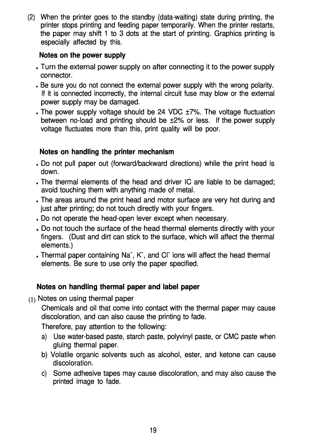 Seiko Group TM-L60 manual n Notes on the power supply, n Notes on handling the printer mechanism 