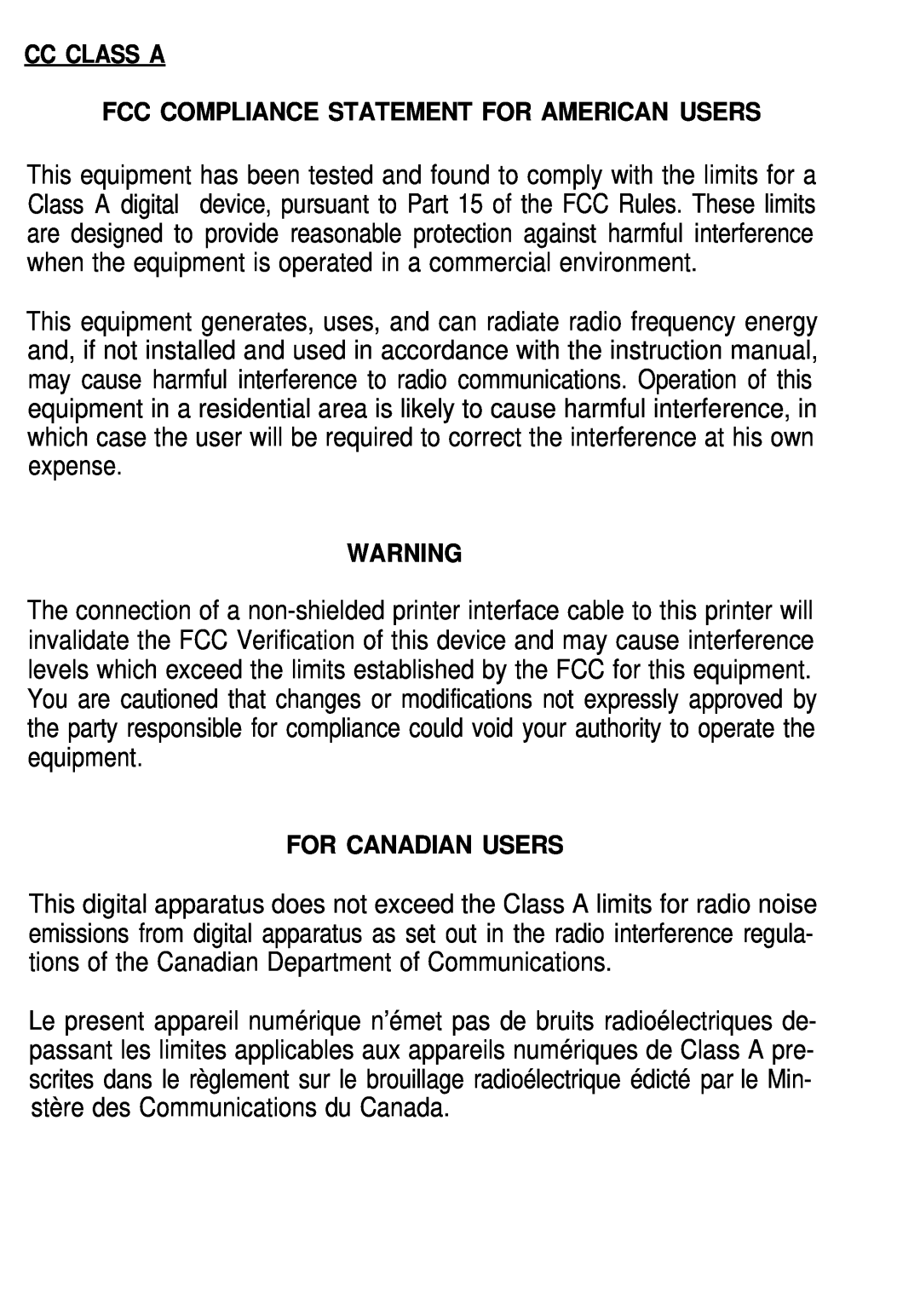 Seiko Group TM-L60 manual Cc Class A Fcc Compliance Statement For American Users, For Canadian Users 