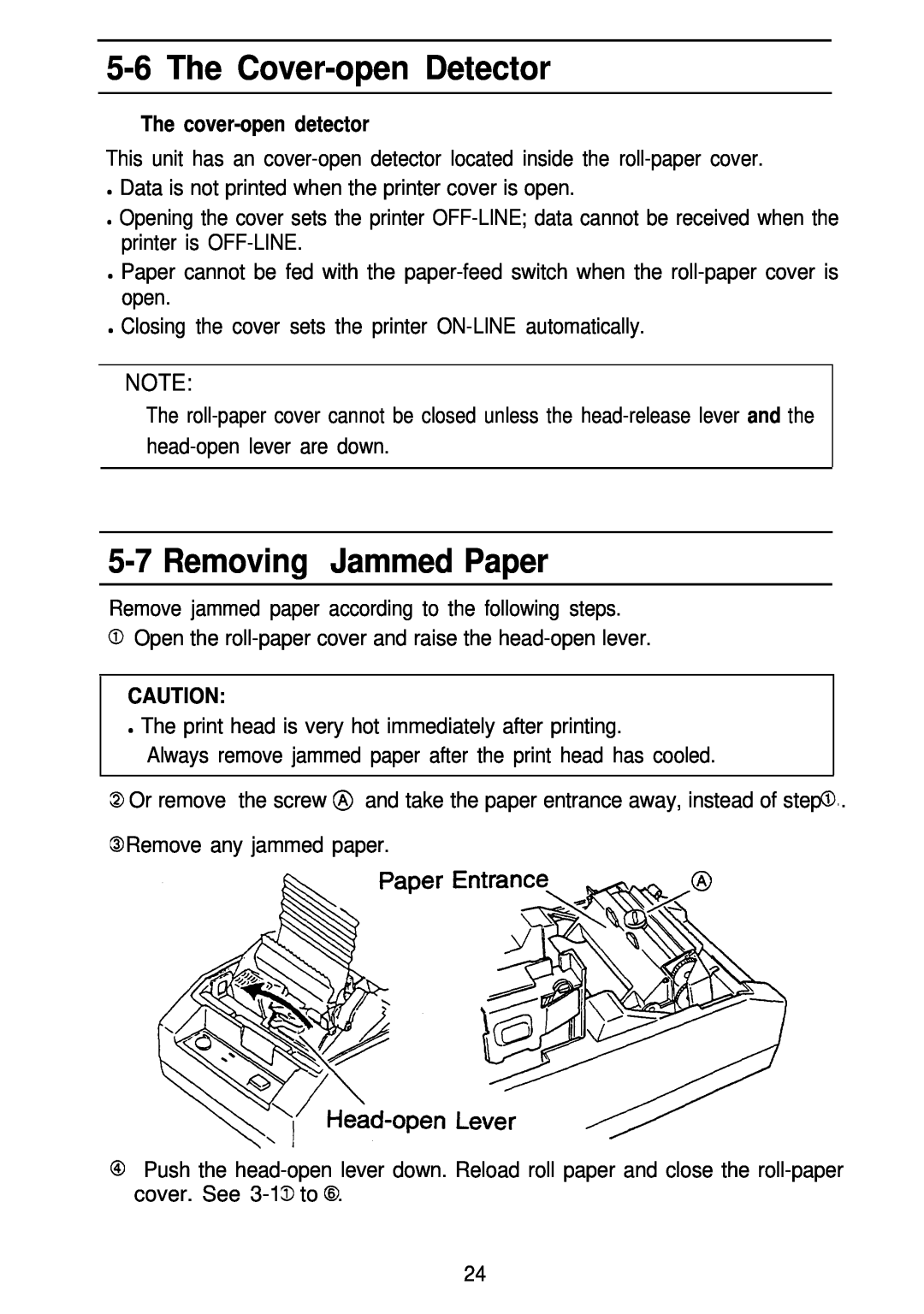 Seiko Group TM-L60 manual The Cover-open Detector, Removing Jammed Paper, n The cover-open detector 