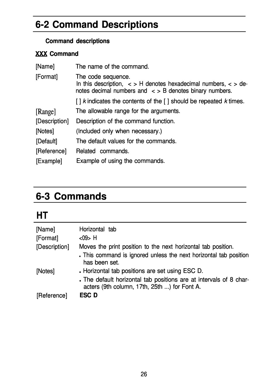 Seiko Group TM-L60 manual Command Descriptions, Commands HT, Range, n Command descriptions XXX Command, Esc D 