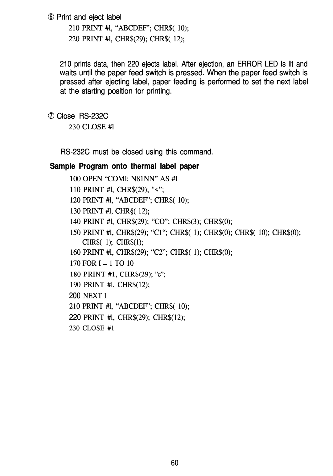 Seiko Group TM-L60 manual n Sample Program onto thermal label paper, PRINT #1, CHR$29 ”c”, CLOSE #1 