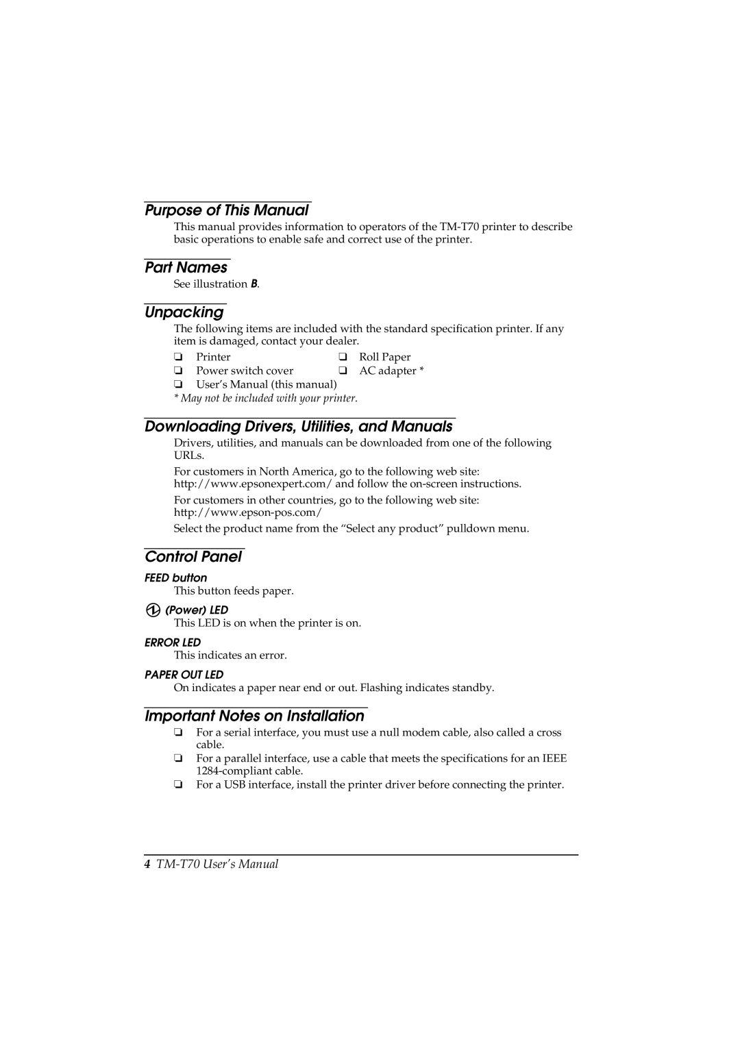 Seiko Group TM-T70 user manual Purpose of This Manual, Part Names, Unpacking, Downloading Drivers, Utilities, and Manuals 