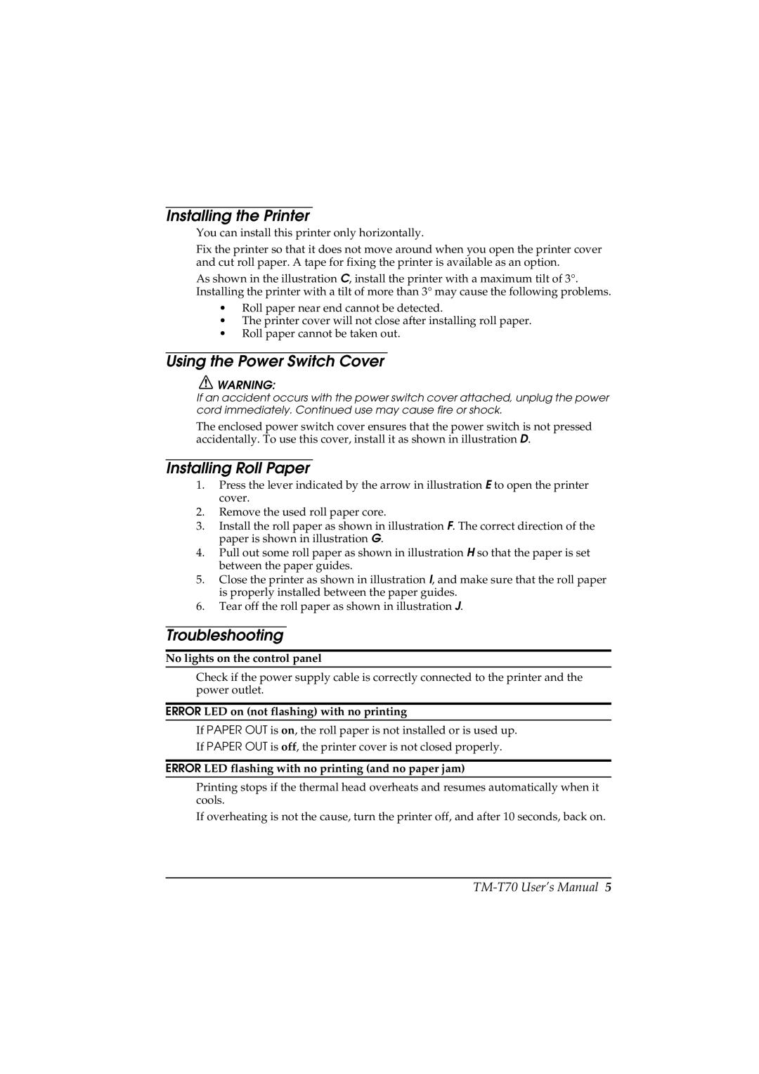 Seiko Group TM-T70 user manual Installing the Printer, Using the Power Switch Cover, Installing Roll Paper, Troubleshooting 