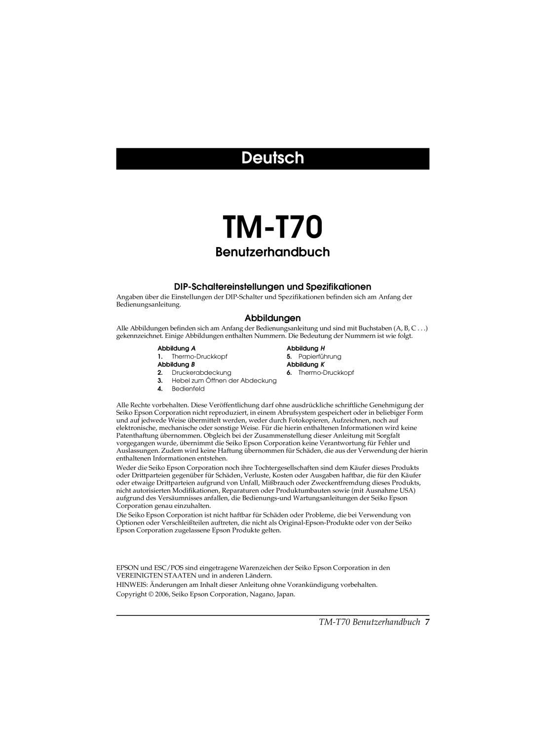 Seiko Group TM-T70 user manual Benutzerhandbuch, DIP-Schaltereinstellungen und Spezifikationen 