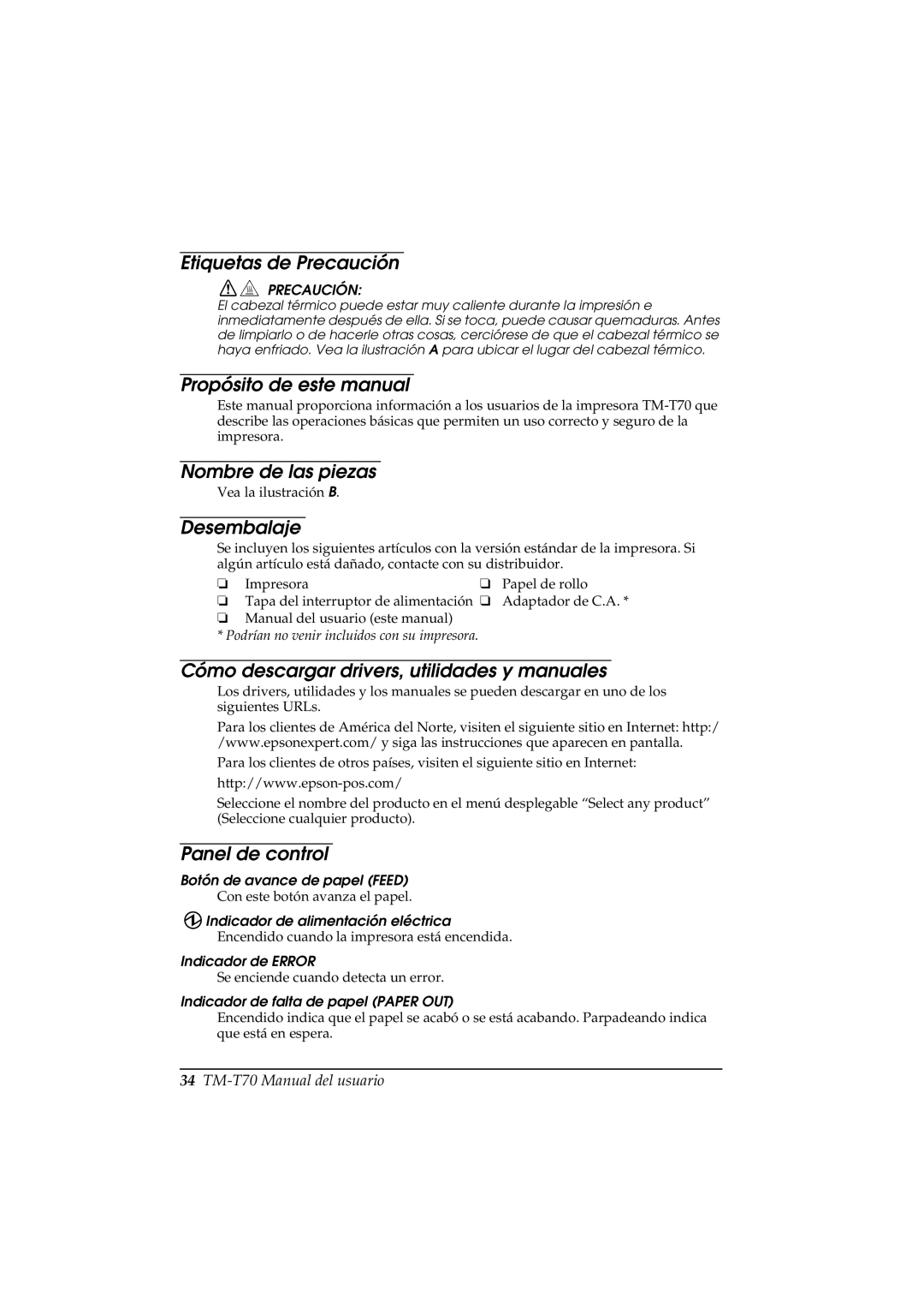 Seiko Group TM-T70 Etiquetas de Precaución, Propósito de este manual, Nombre de las piezas, Desembalaje, Panel de control 