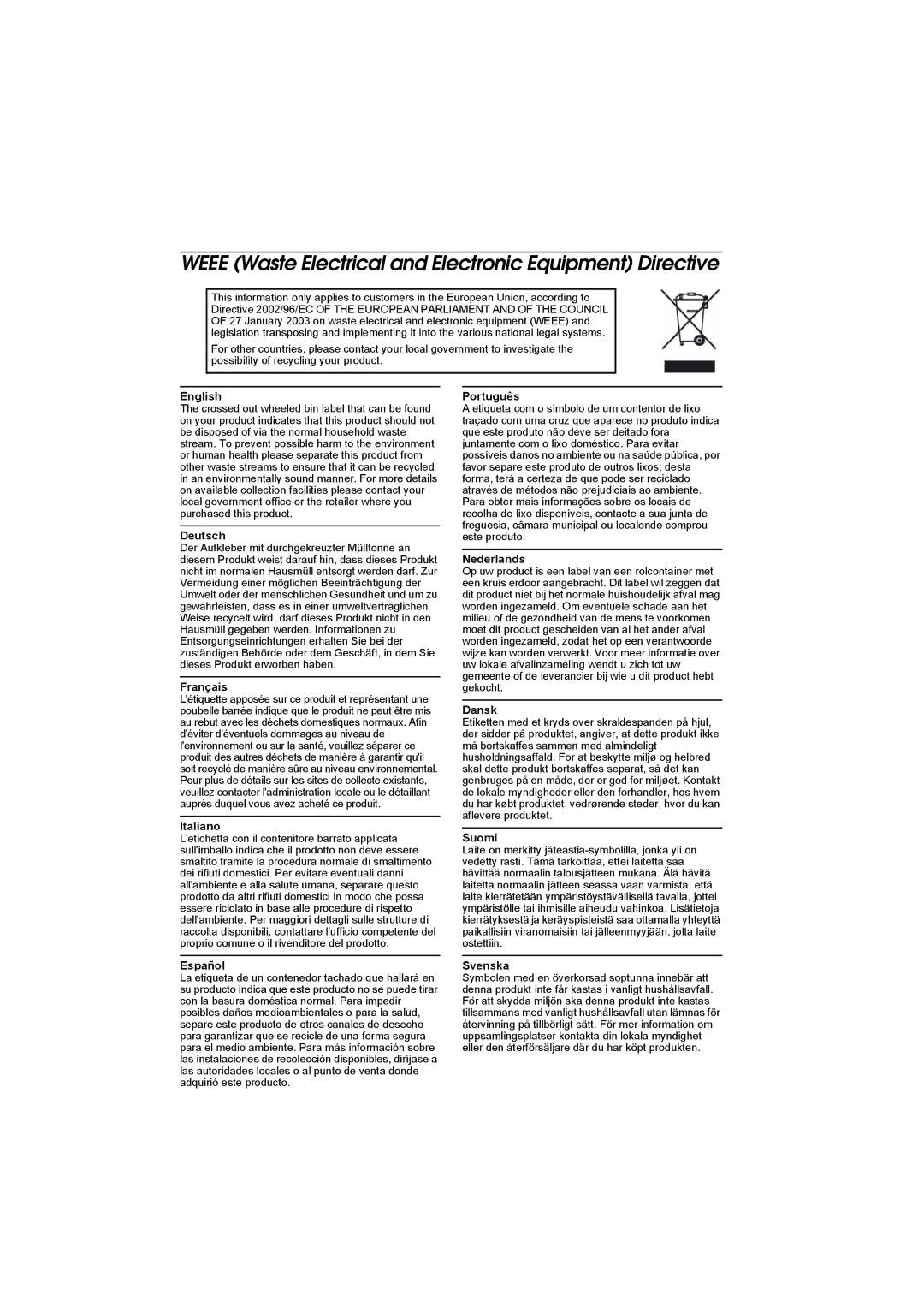 Seiko Group TM-T70 user manual Weee Waste Electrical and Electronic Equipment Directive 