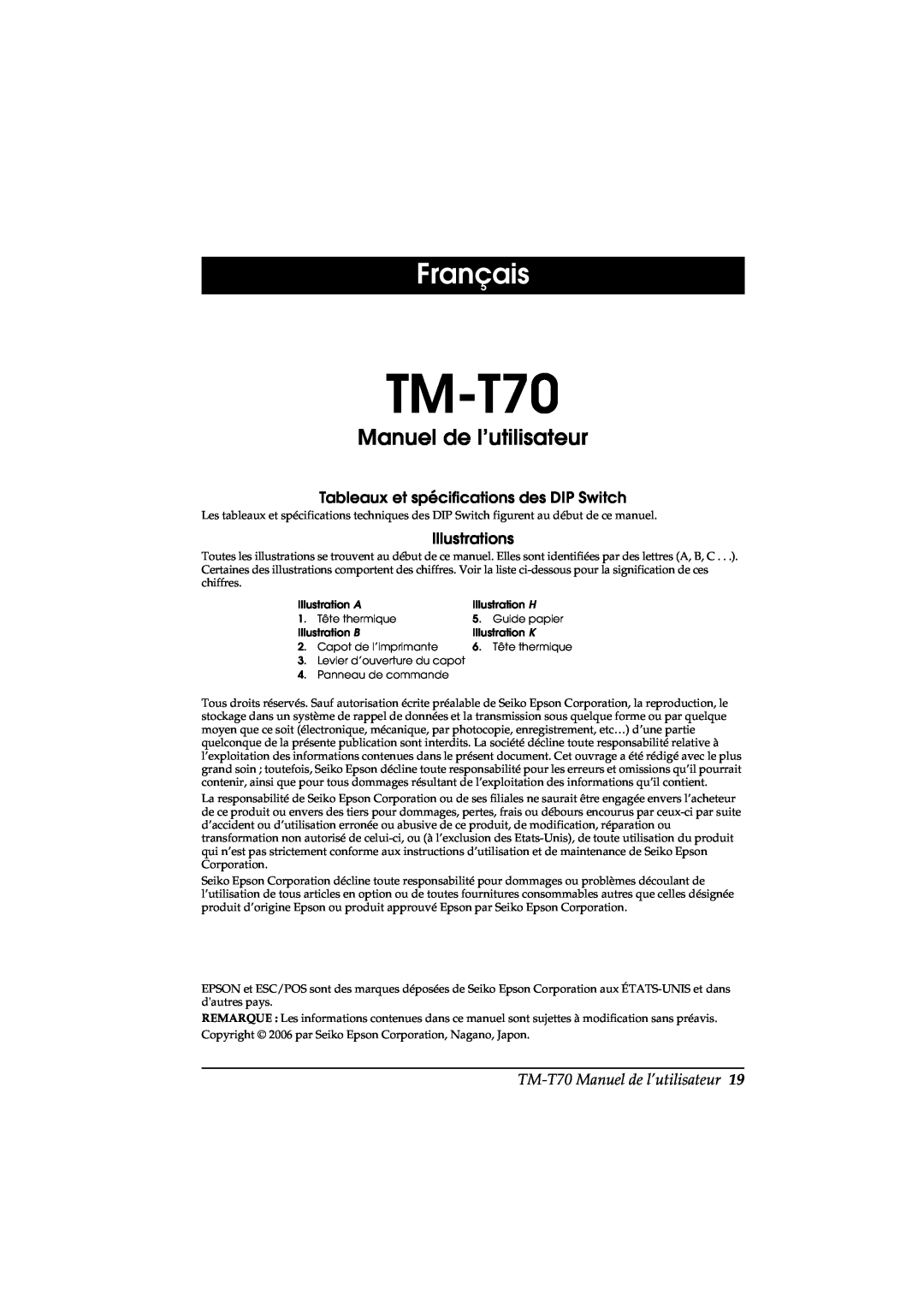 Seiko Group TM-T70 user manual Français, Manuel de l’utilisateur, Tableaux et spécifications des DIP Switch, Illustrations 