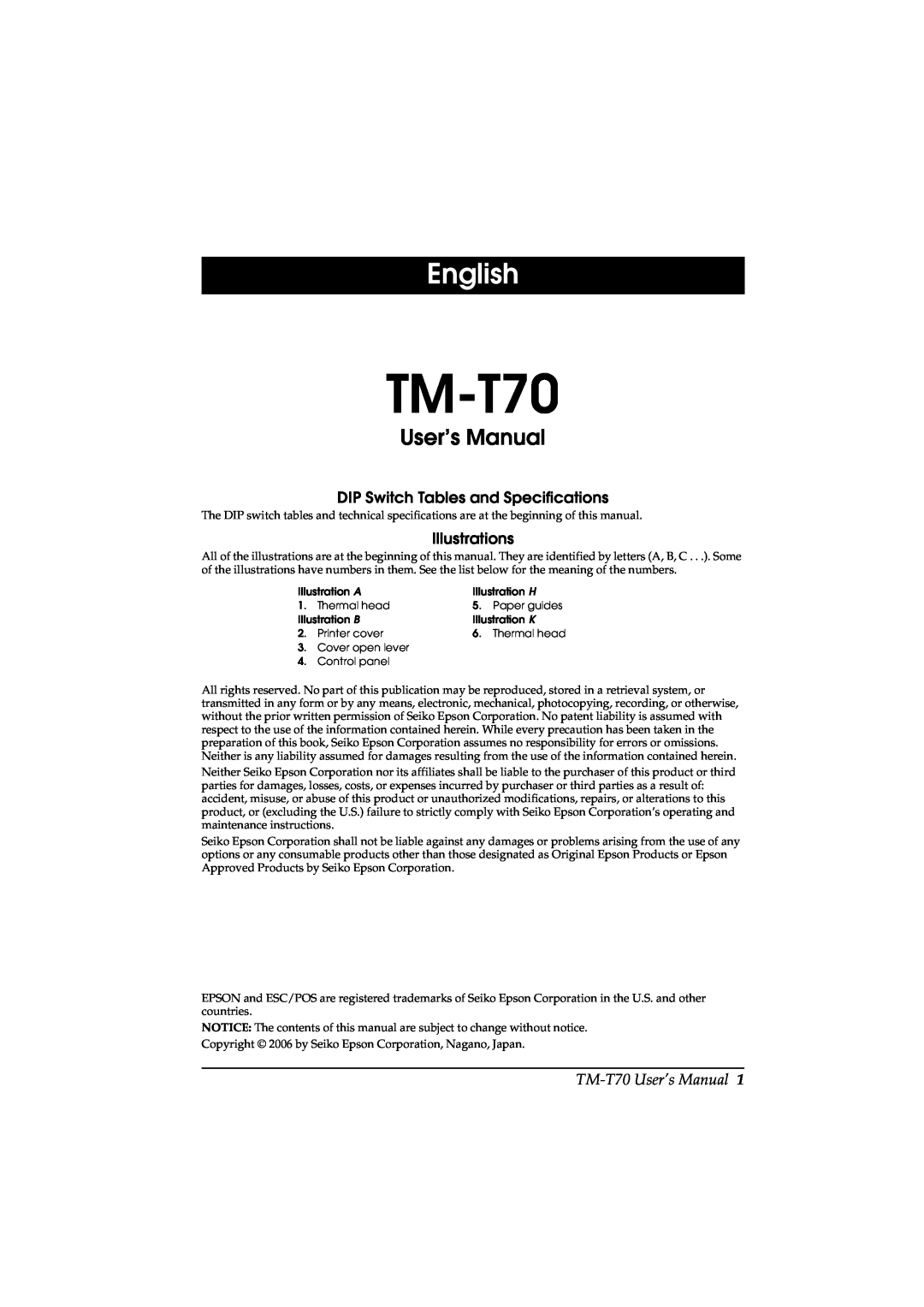 Seiko Group user manual English, DIP Switch Tables and Specifications, Illustrations, TM-T70 User’s Manual 