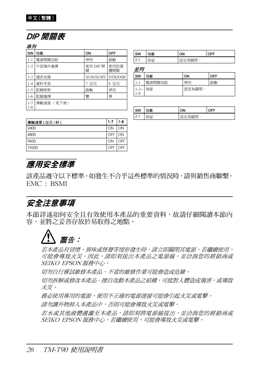 Seiko Group TM-T90 user manual Dip 開關表, 安全注意事項 