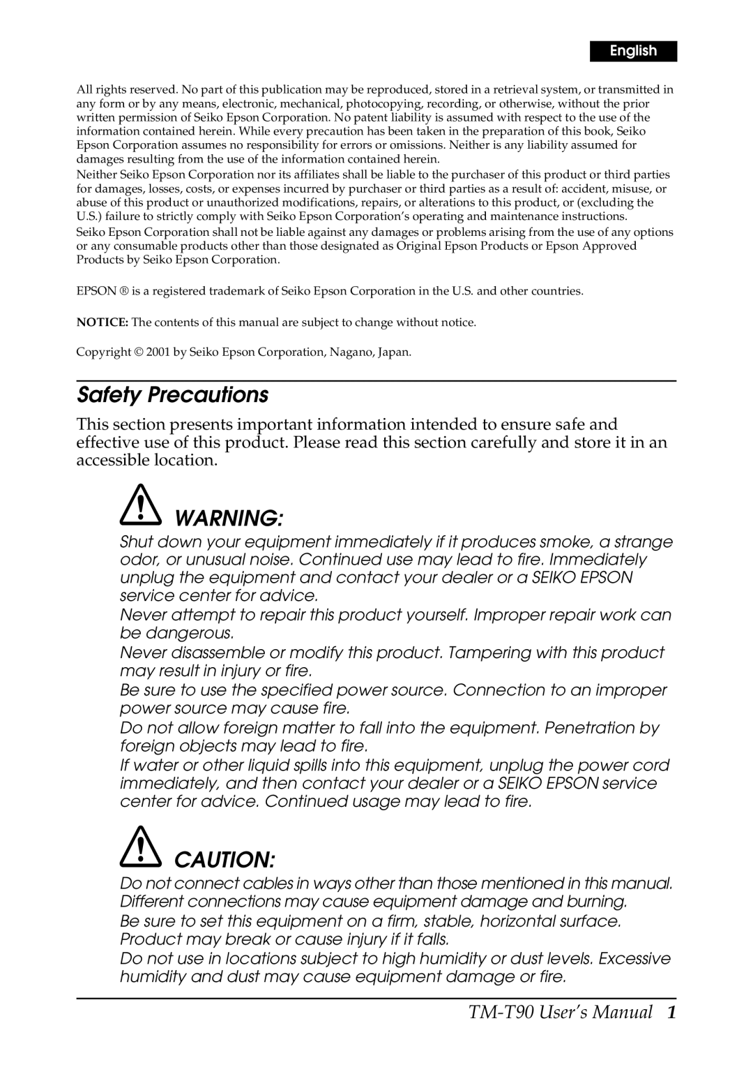 Seiko Group TM-T90 user manual Safety Precautions, English 