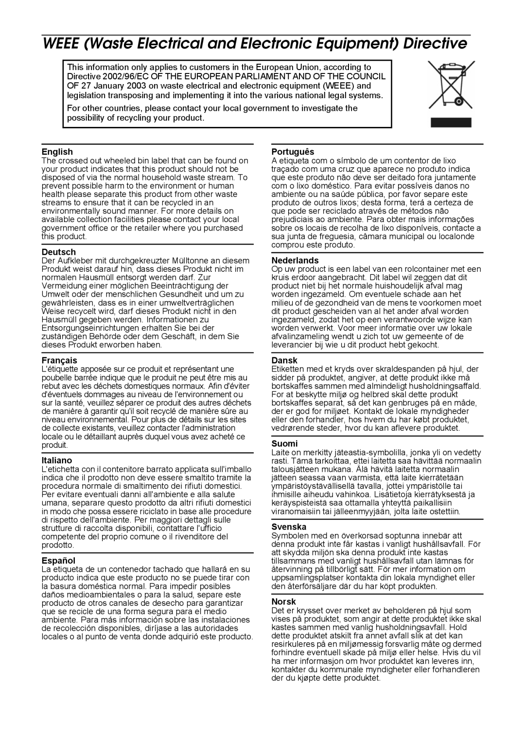 Seiko Group TM-T90 user manual Weee Waste Electrical and Electronic Equipment Directive, English 