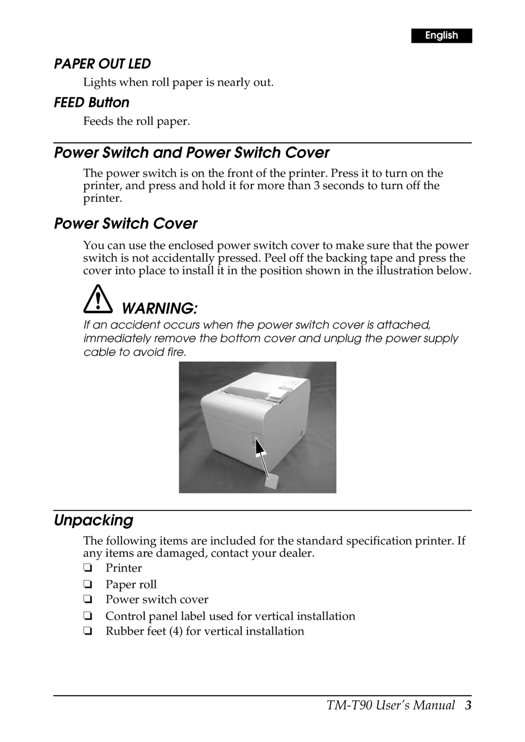 Seiko Group TM-T90 user manual Power Switch and Power Switch Cover, Unpacking 