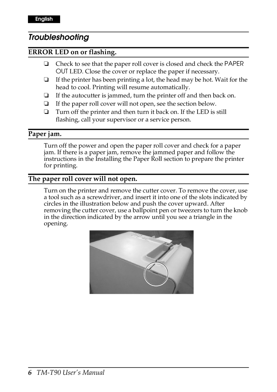 Seiko Group TM-T90 user manual Troubleshooting, Error LED on or flashing 