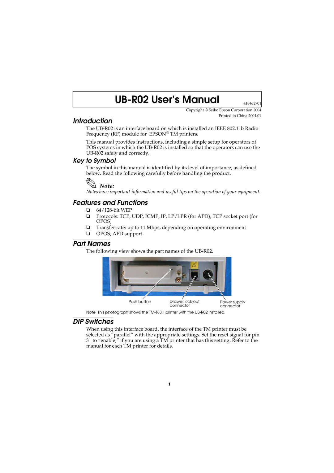 Seiko Group UB-R02 user manual Introduction, Features and Functions, Part Names, DIP Switches, Key to Symbol 