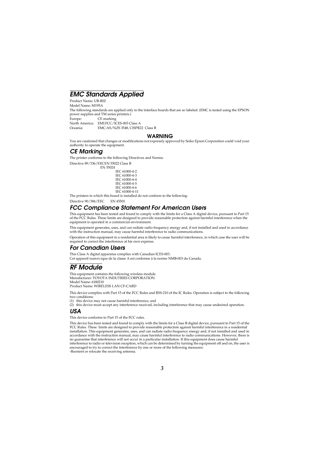 Seiko Group UB-R02 user manual EMC Standards Applied, RF Module, CE Marking, FCC Compliance Statement For American Users 