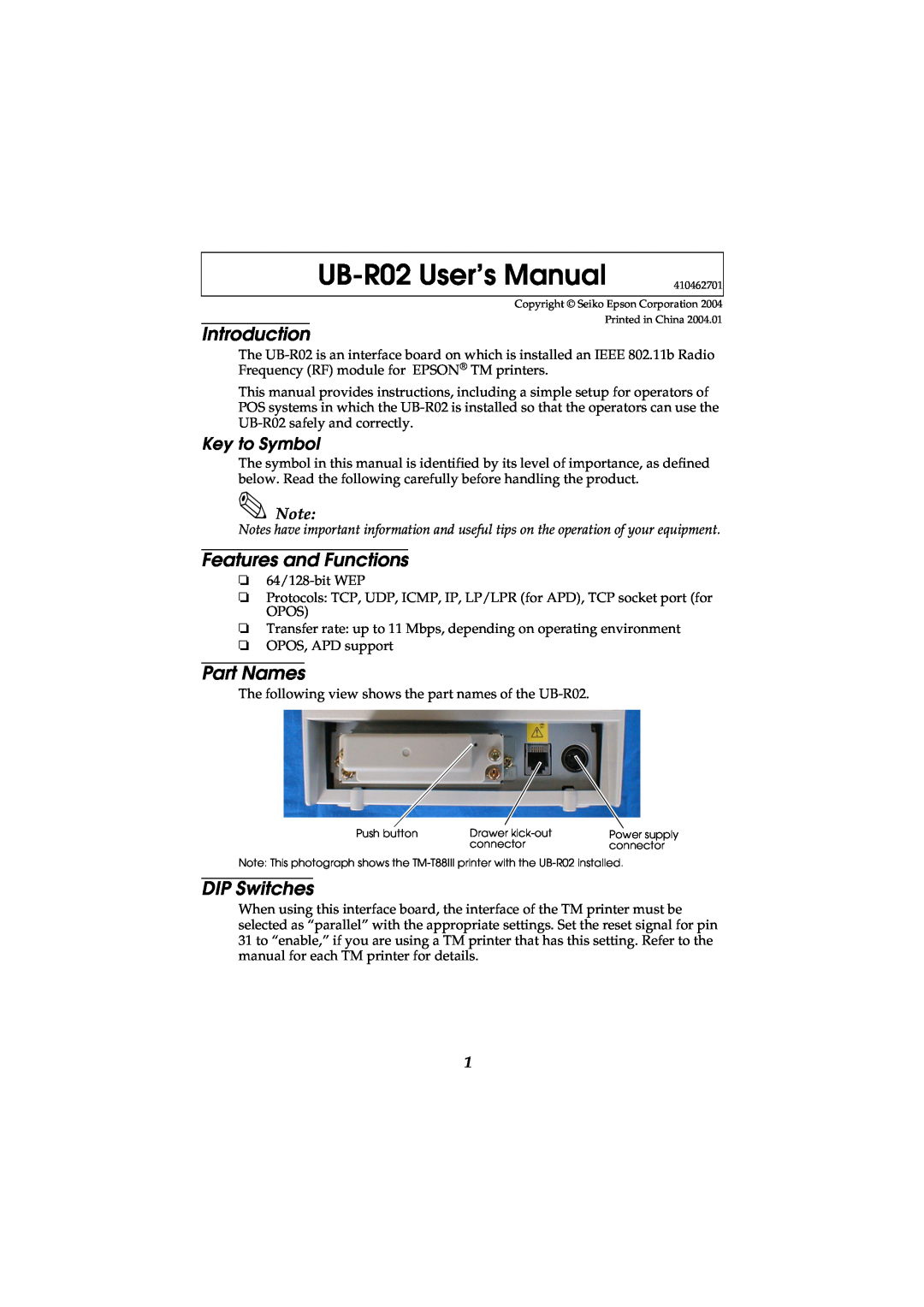 Seiko Group UB-R02 user manual Introduction, Features and Functions, Part Names, DIP Switches, Key to Symbol 