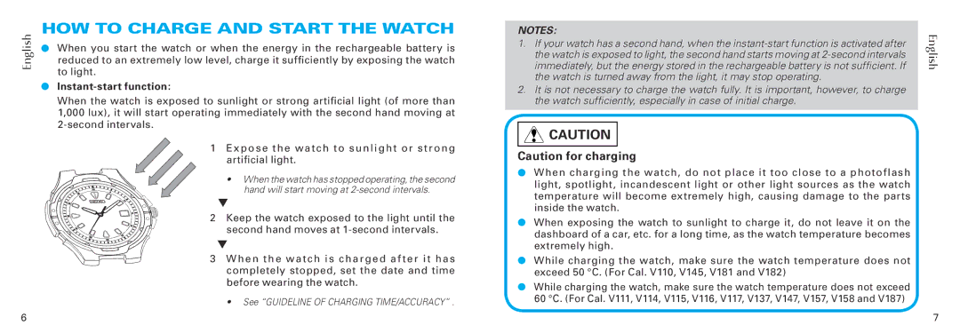 Seiko Group V181, V158, V157, Cal. V110, V182 & V187, V147 manual HOW to Charge and Start the Watch, Instant-start function 