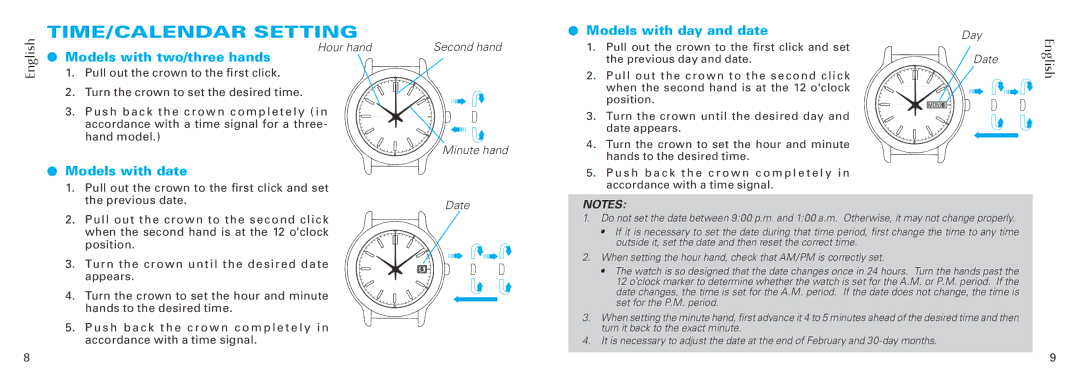 Seiko Group V147, V158, V157, Cal. V110, V182 & V187, V181 manual TIME/CALENDAR Setting, Models with day and date 