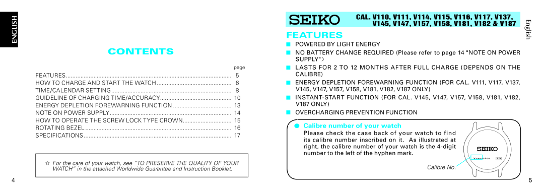 Seiko Group V182 & V187 Contents, Features, English, CAL. V110, V111, V114, V115, V116, V117, Calibre number of your watch 