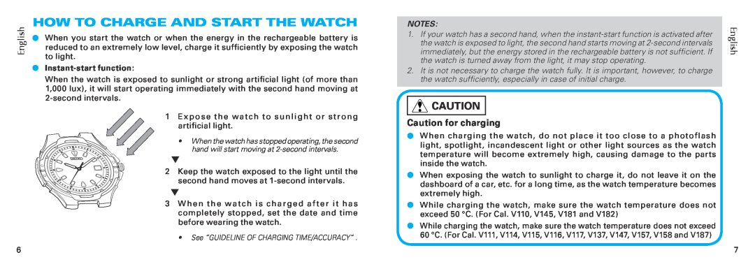 Seiko Group V181, V158, V157, V147 How To Charge And Start The Watch, Instant-start function, English, Caution for charging 