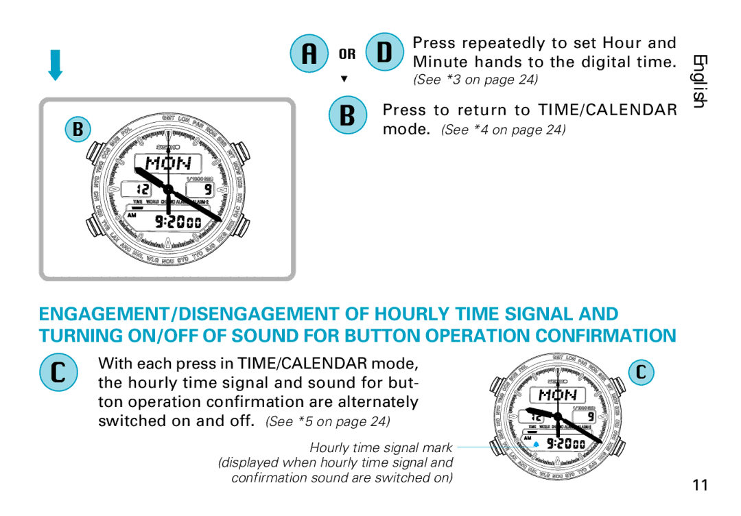 Seiko H022, H021 manual Press repeatedly to set Hour, Minute hands to the digital time 