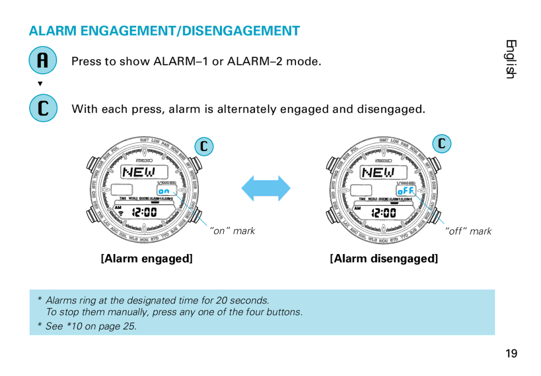 Seiko H022, H021 manual Alarm ENGAGEMENT/DISENGAGEMENT 