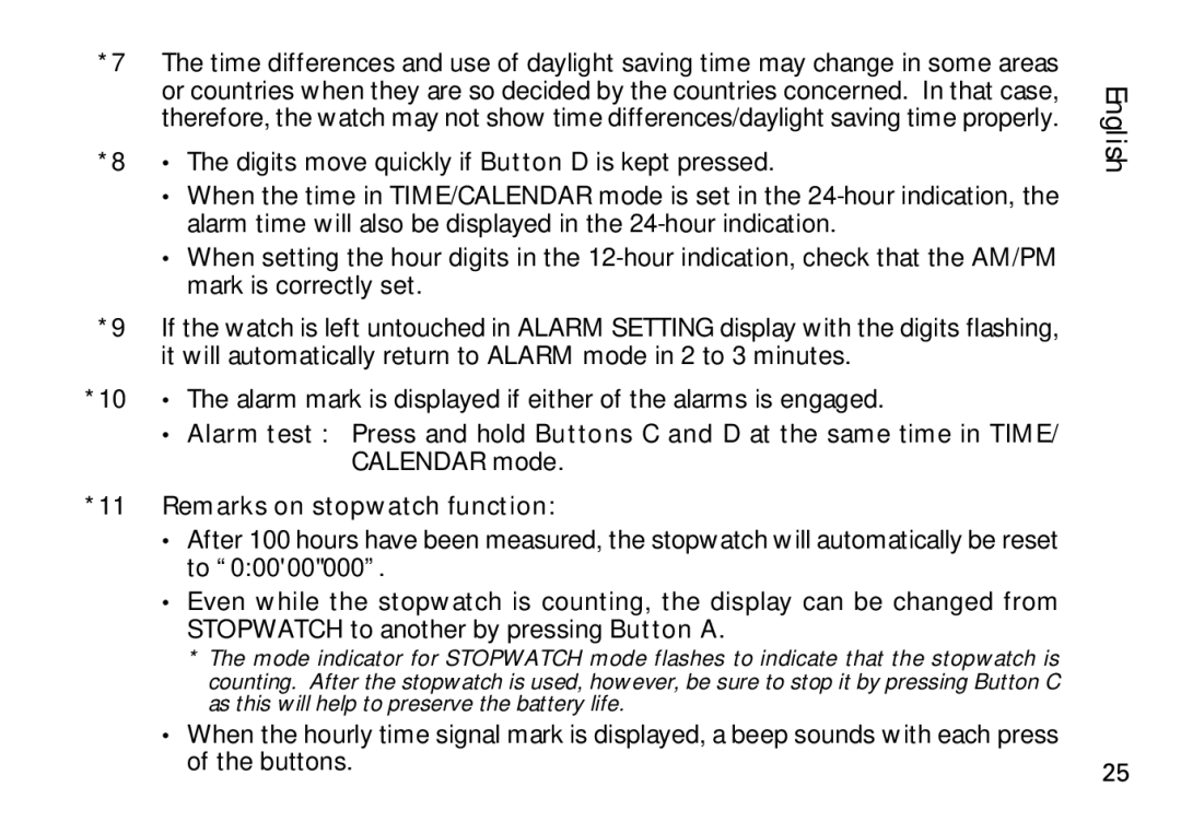 Seiko H022, H021 manual Remarks on stopwatch function 