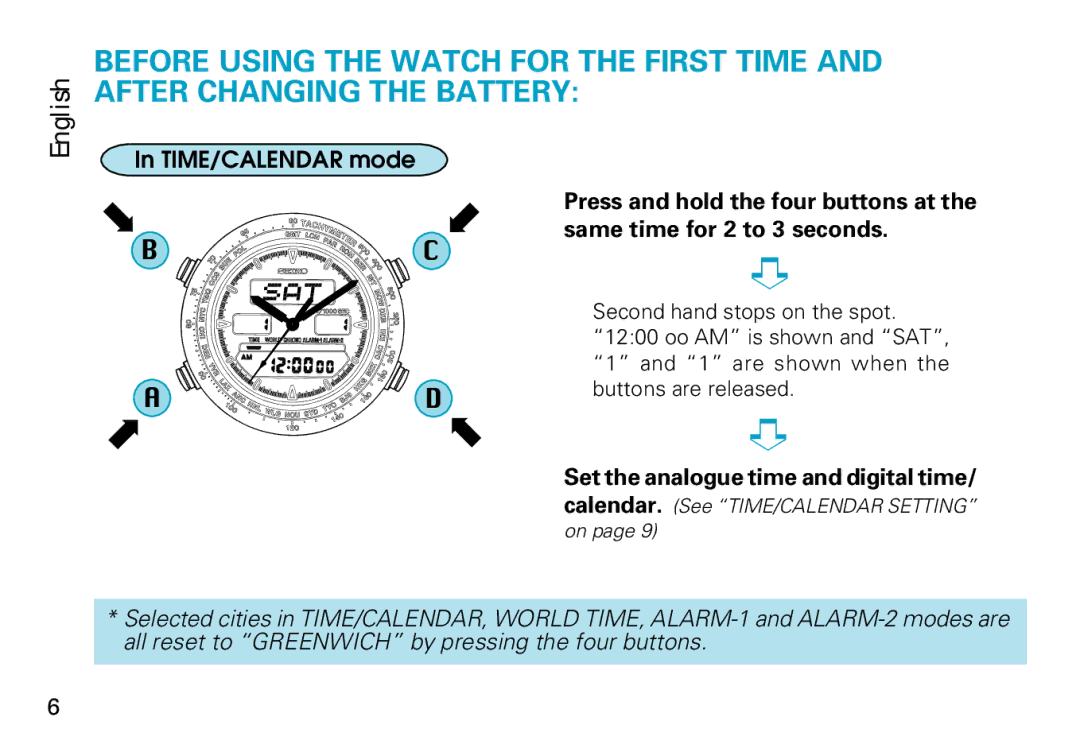 Seiko H021, H022 manual TIME/CALENDAR mode, Same time for 2 to 3 seconds, Second hand stops on the spot, are shown when 