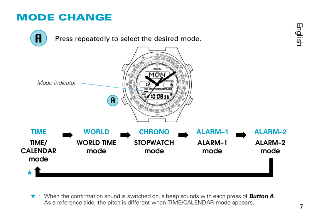 Seiko H022, H021 manual Mode Change, Press repeatedly to select the desired mode 