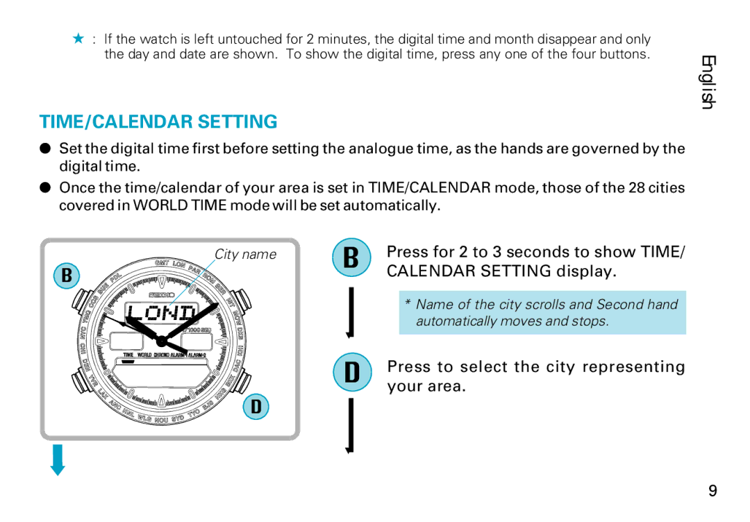 Seiko H022, H021 Press for 2 to 3 seconds to show Time, Calendar Setting display, Press to select the city representing 