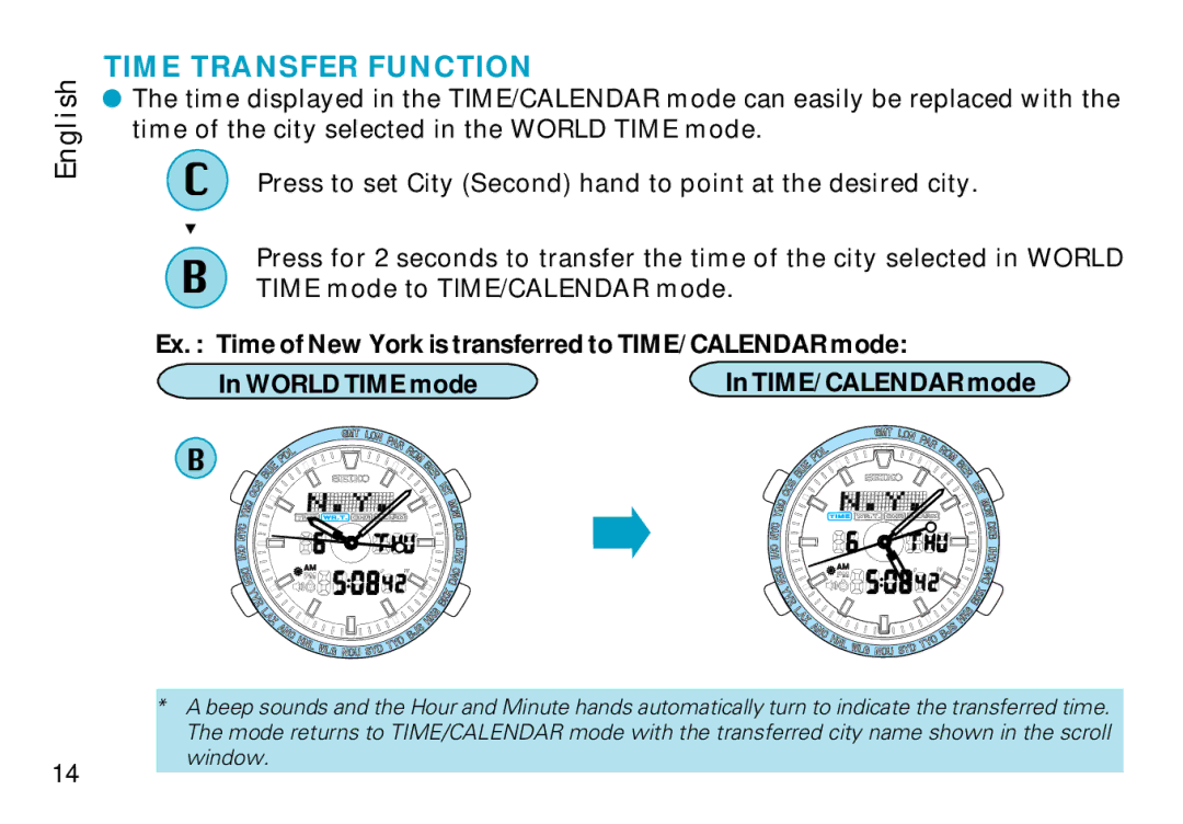 Seiko H023 manual Time Transfer Function, Ex. Time of New York is transferred to TIME/CALENDAR mode 