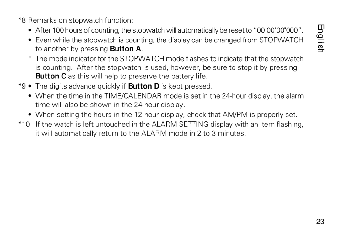 Seiko H023 manual Remarks on stopwatch function 