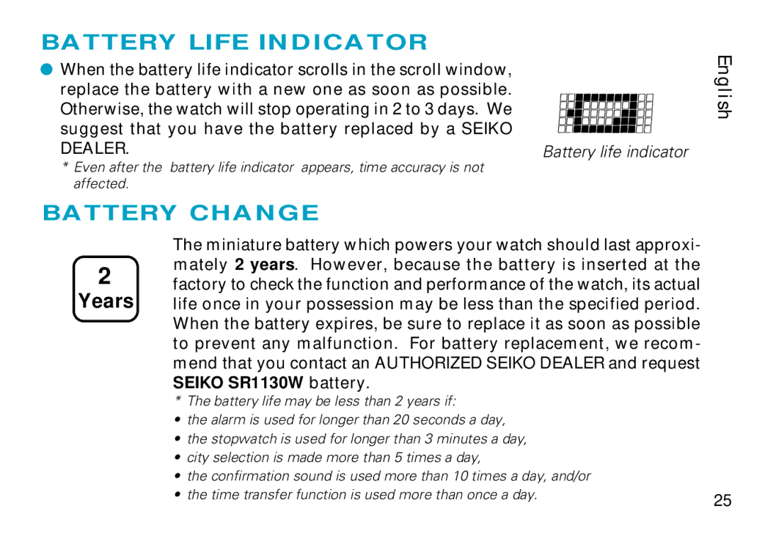 Seiko H023 manual Battery Life Indicator, Battery Change 