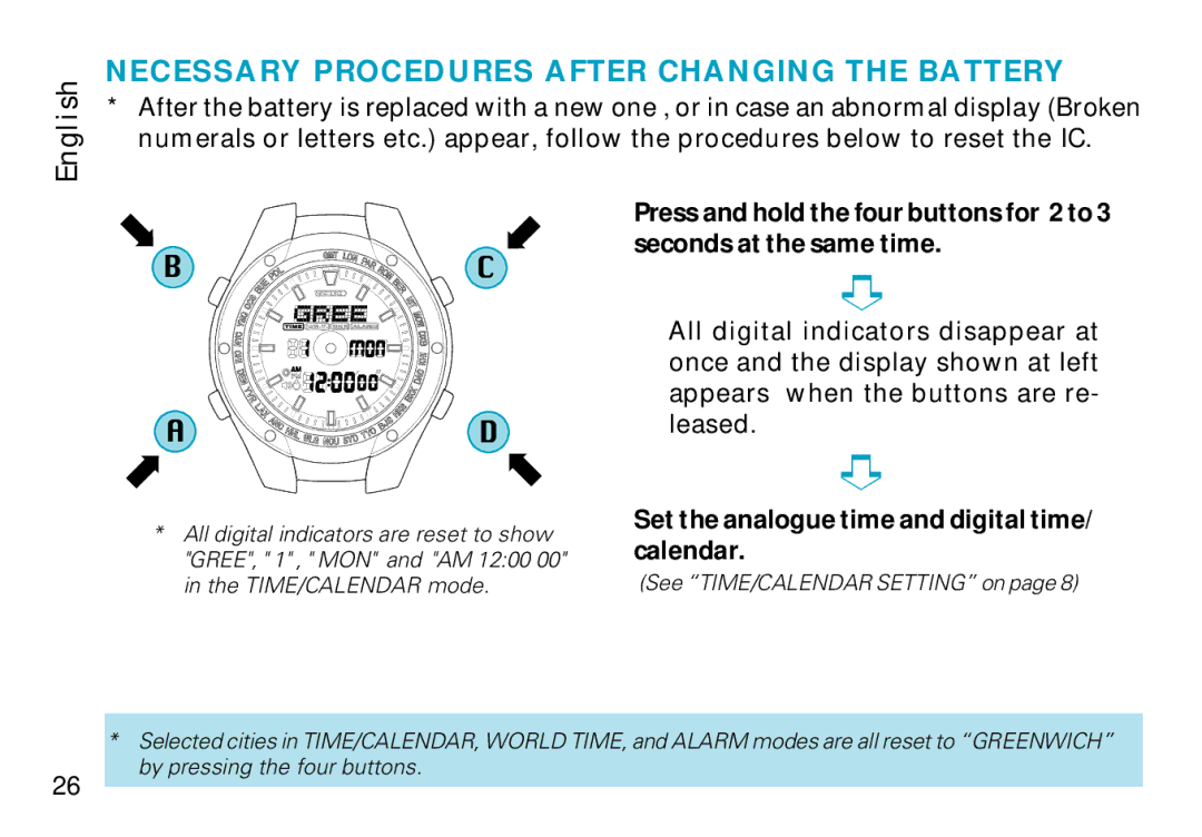 Seiko H023 manual Necessary Procedures After Changing the Battery, Set the analogue time and digital time/ calendar 