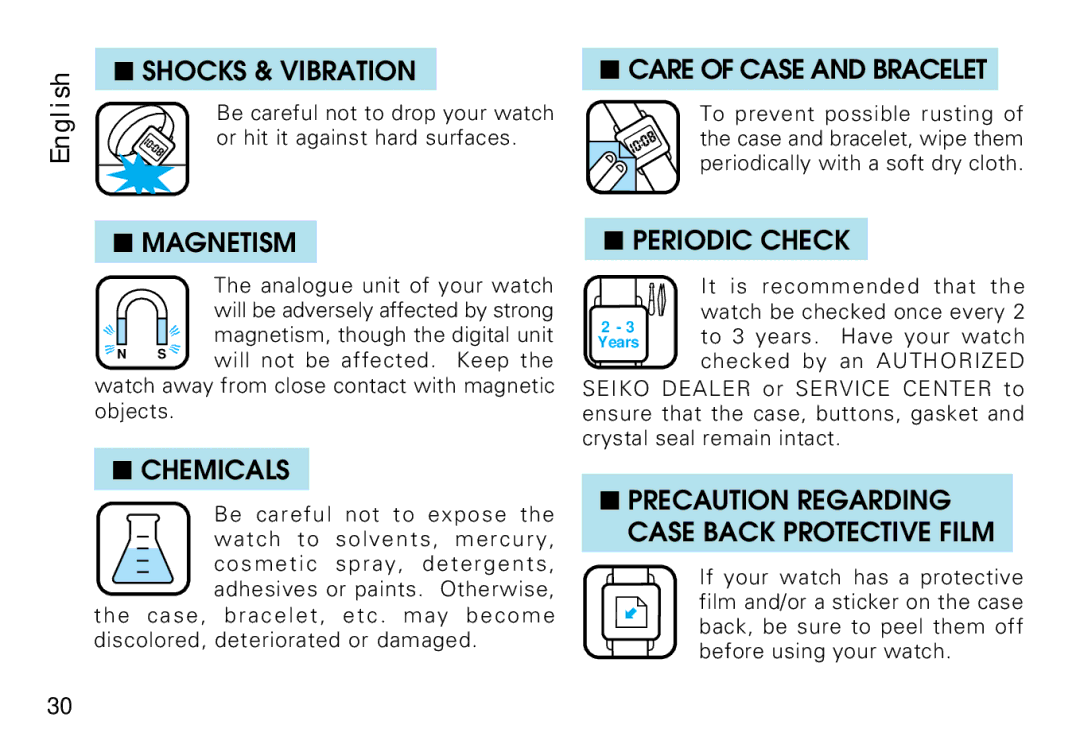 Seiko H023 manual Will not be affected. Keep, Watch away from close contact with magnetic objects 