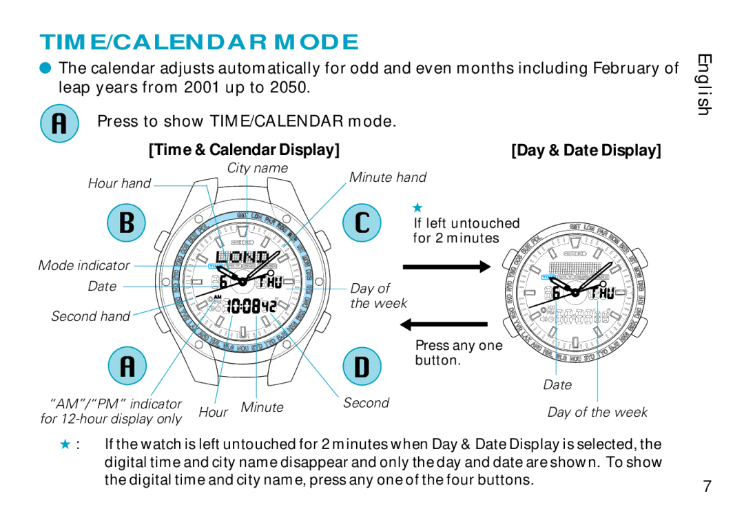 Seiko H023 manual TIME/CALENDAR Mode, Press to show TIME/CALENDAR mode Time & Calendar Display 