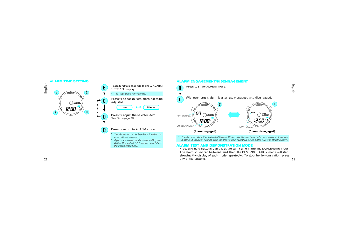 Seiko H024 manual Alarm Time Setting, Alarm ENGAGEMENT/DISENGAGEMENT, Alarm Test and Demonstration Mode 