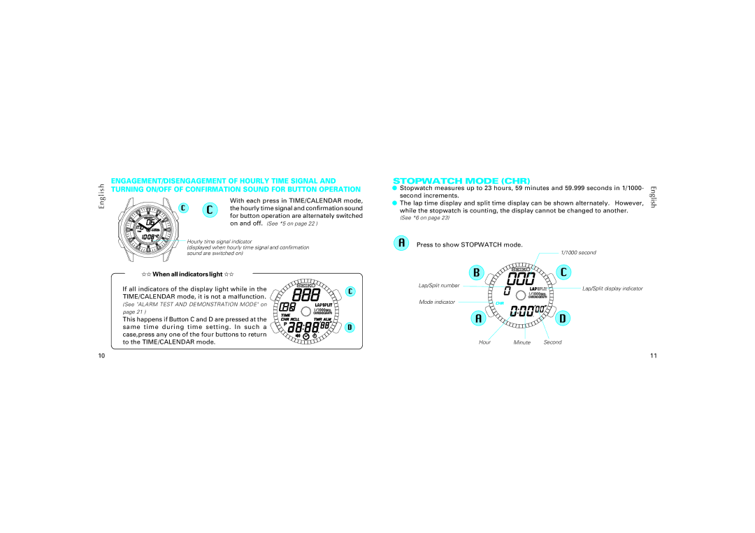 Seiko H024 manual Stopwatch Mode CHR, ENGAGEMENT/DISENGAGEMENT of Hourly Time Signal 