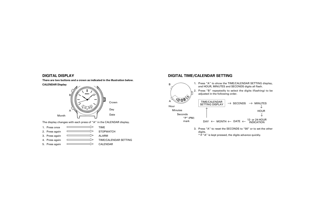 Seiko H801, H601 manual Digital Display, Digital TIME/CALENDAR Setting 