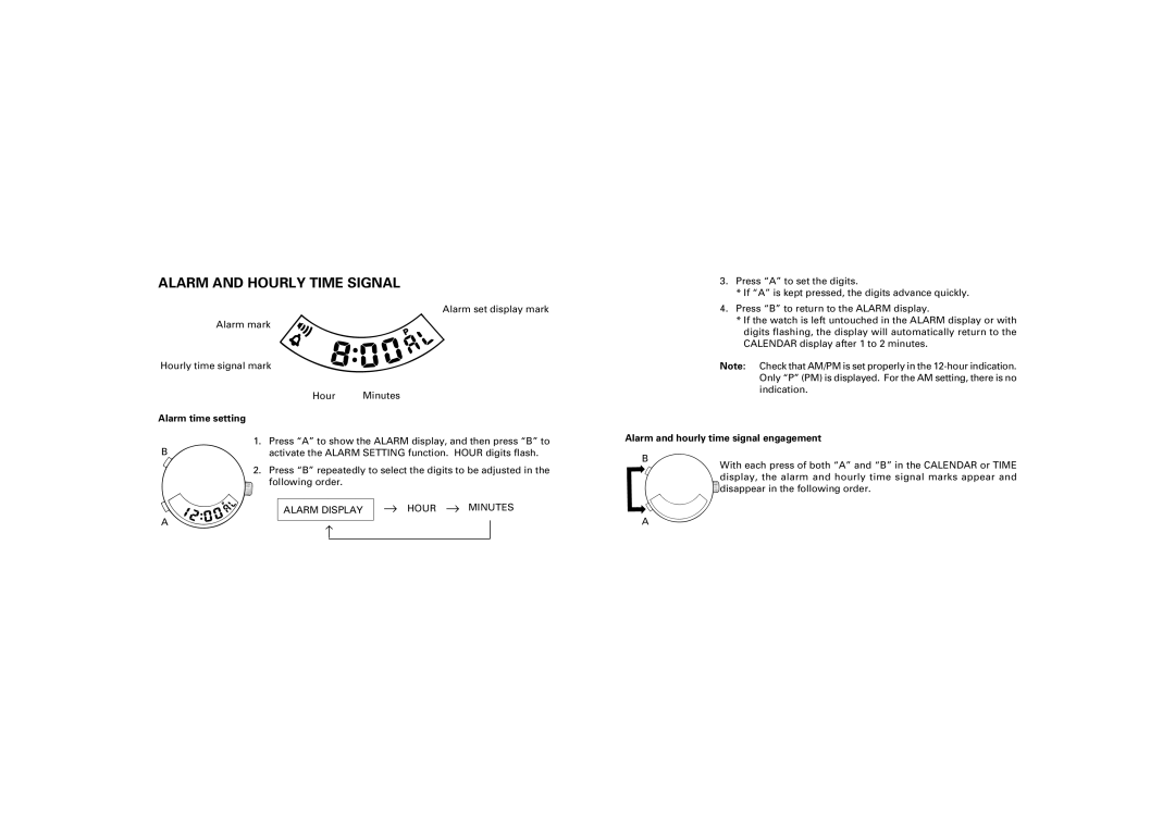 Seiko H801, H601 manual Alarm and Hourly Time Signal, Alarm time setting 
