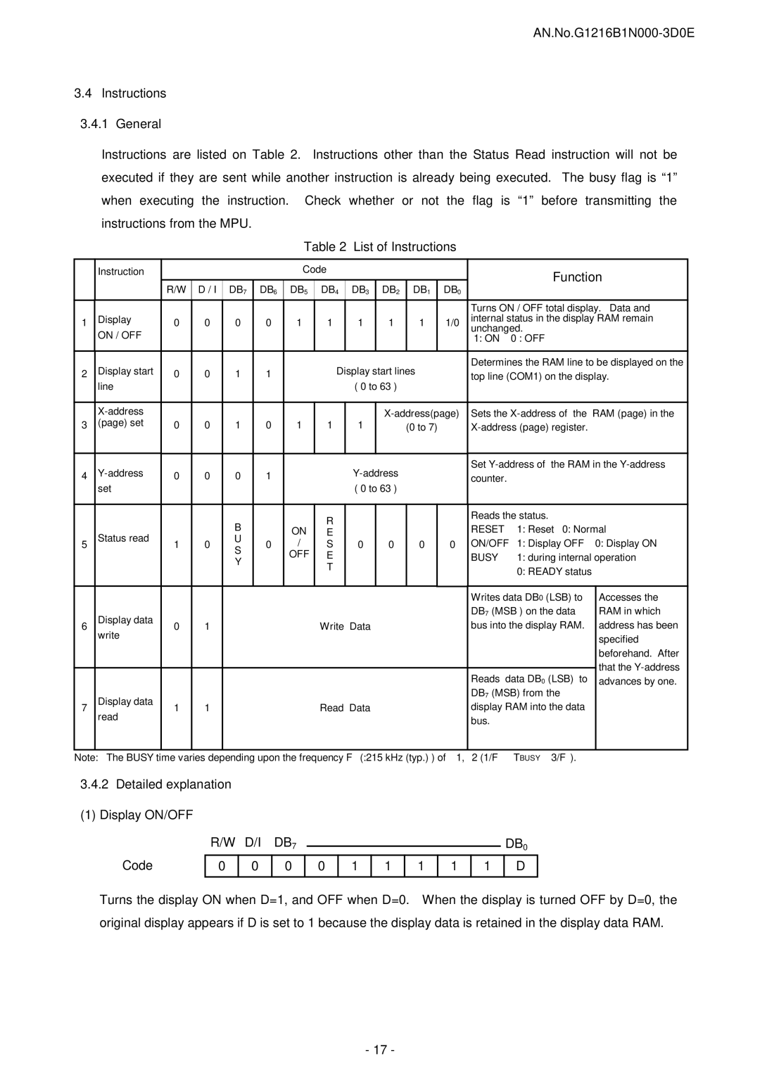 Seiko Instruments G1216B1N000-3D0E user manual Function, Detailed explanation Display ON/OFF Code, D/I 