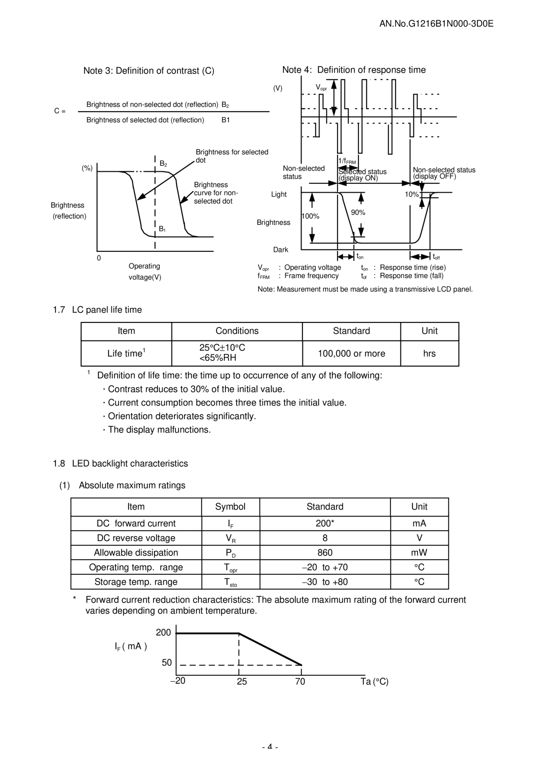 Seiko Instruments user manual AN.No.G1216B1N000-3D0E Definition of response time, 20 To +70 Storage temp. range 