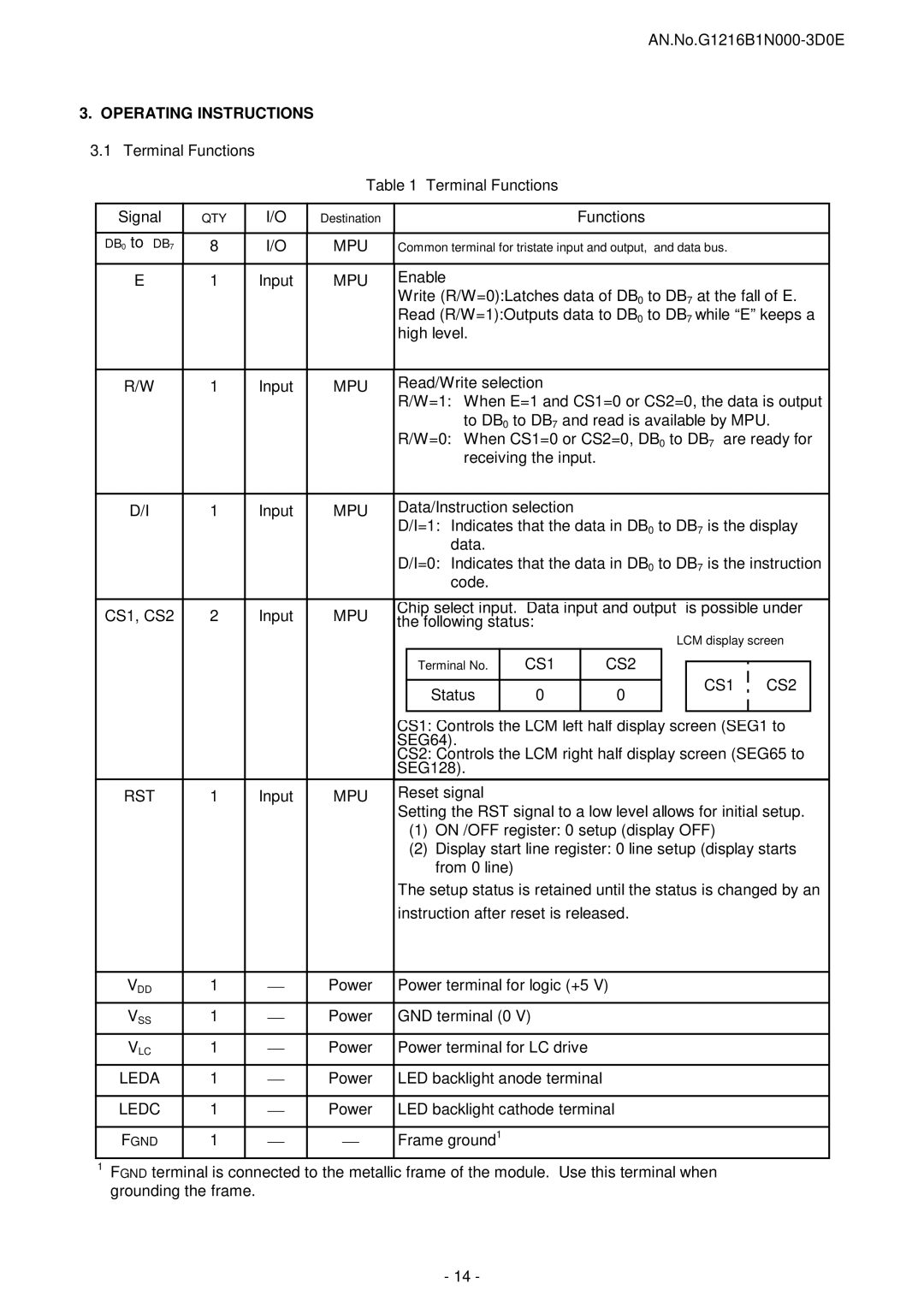 Seiko Instruments G1216B1N000 user manual Operating Instructions, Mpu, CS1 CS2 