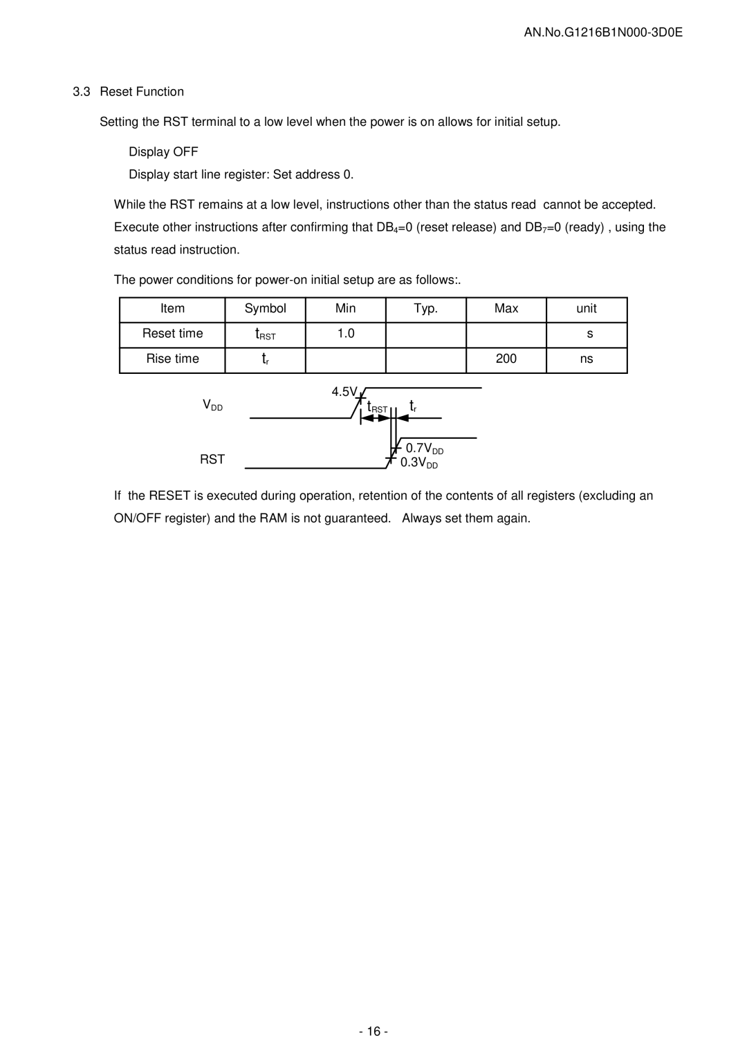 Seiko Instruments G1216B1N000 user manual Reset time, Rise time 200 