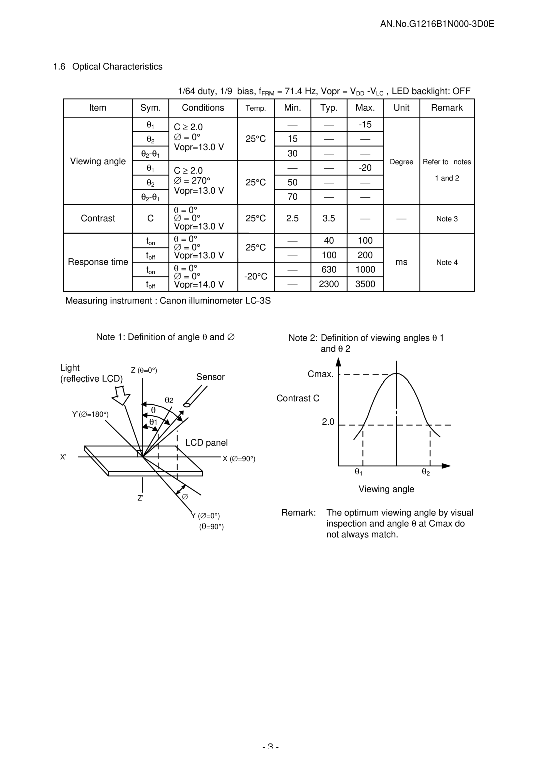 Seiko Instruments G1216B1N000 Min Typ Max Unit Remark, C Vopr=13.0 Viewing angle, ∅ = 25 C Vopr=13.0 Contrast, 100, 20 C 